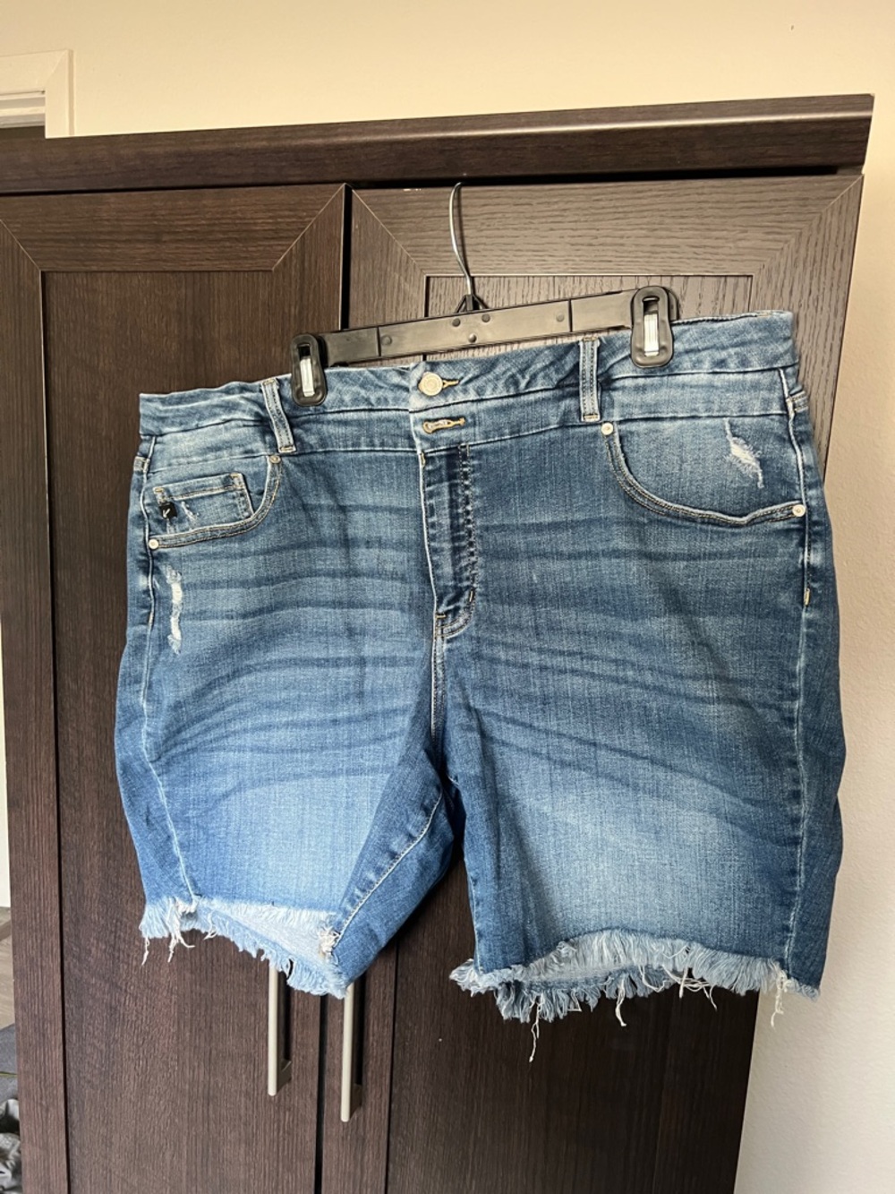 KanCan Mid-Rise Distressed Denim Shorts - Medium Blue